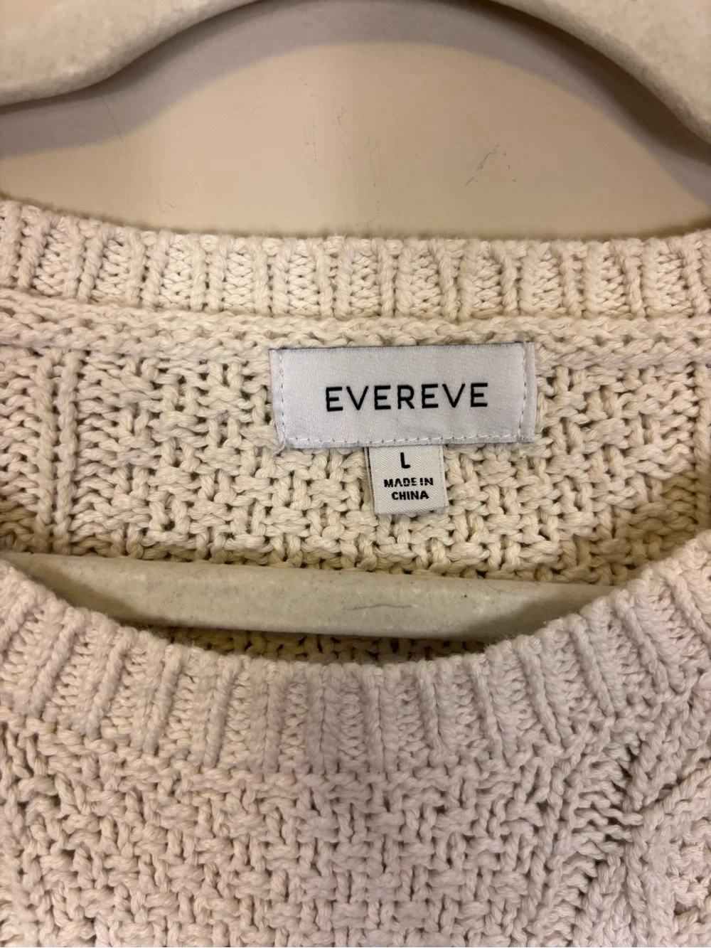Evereve Cream & Navy Striped Cotton Cable Crew Pullover Sweater Large